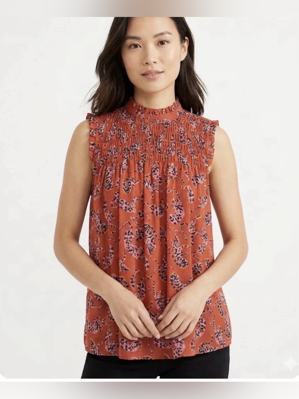 Anthropologie Maeve Leopard Smocked Sleeveless  Top